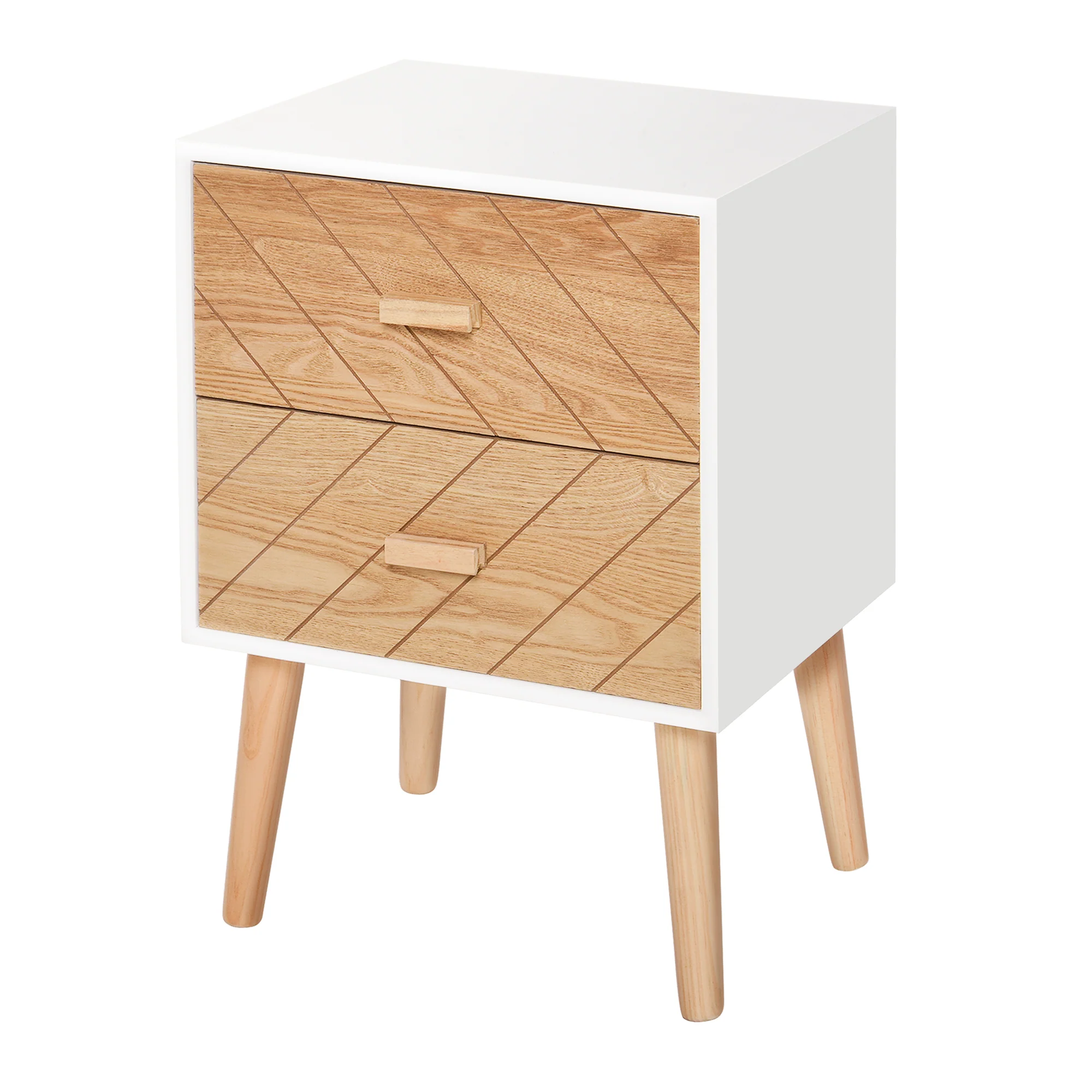 Comodino in Legno 2 Cassetti Stile Scandinavo Bianco e Legno 40x30x55,5 cm