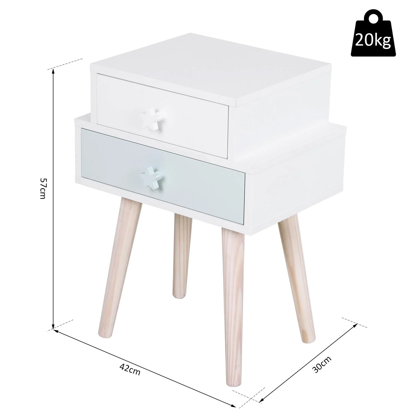 Comodino con 2 Cassetti in Legno MDF 42x30x57 cmBianco e Blu