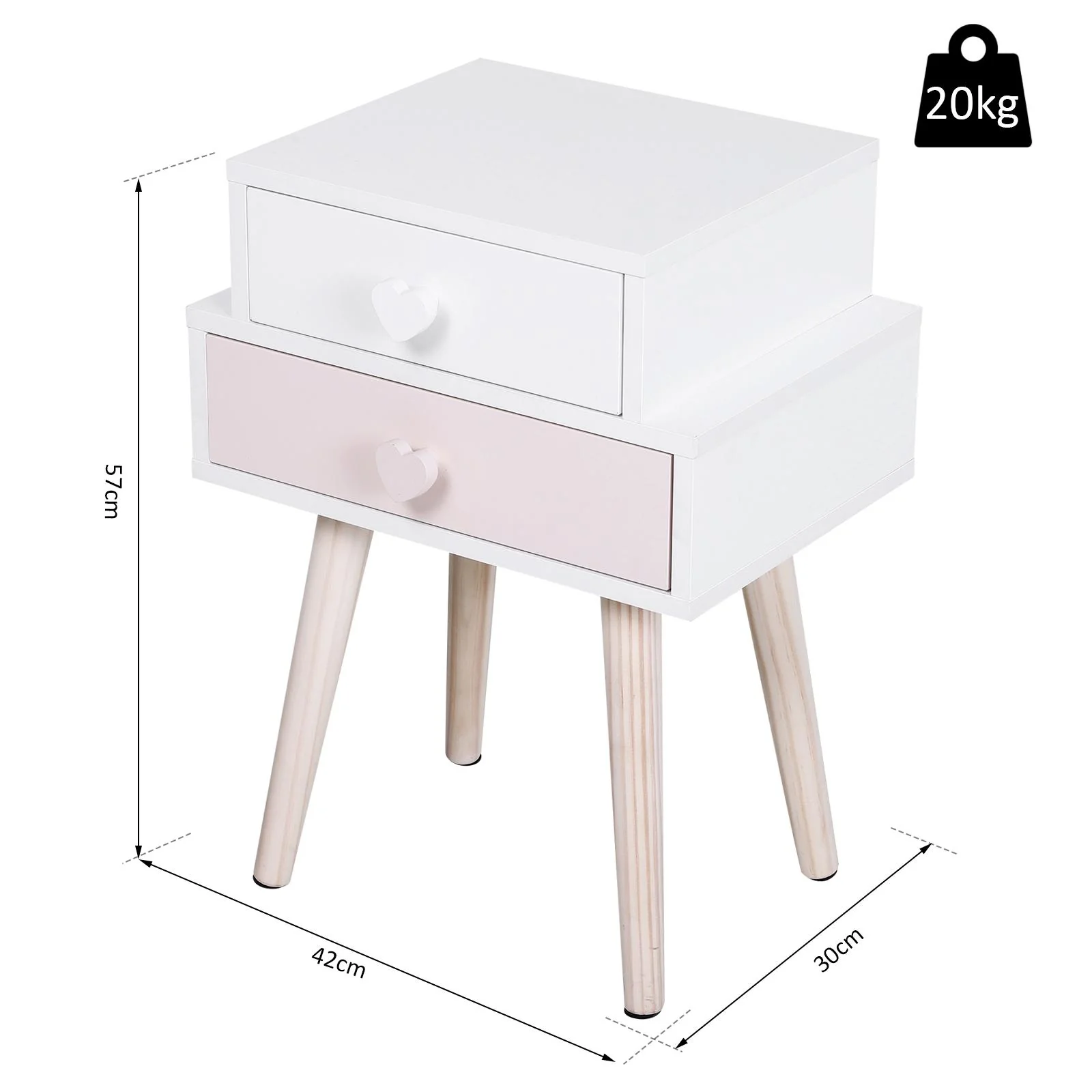 Comodino con 2 Cassetti in Legno MDF 42x30x57 cmBianco e Rosa