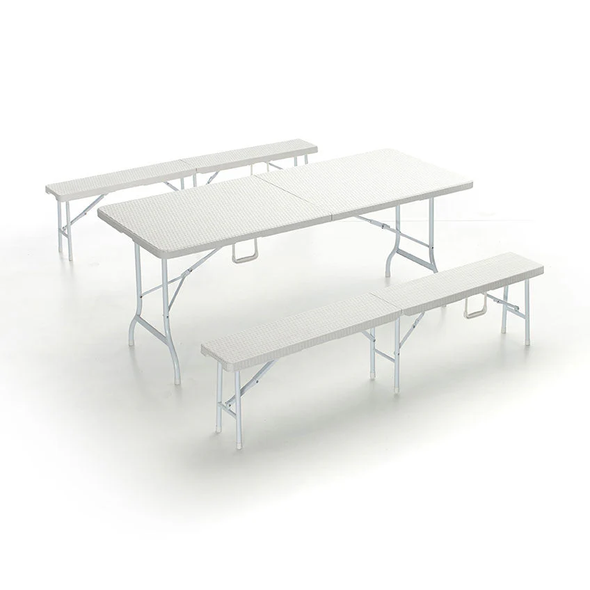 Set Birreria da Giardino Pieghevole in Rattan Tavolo e 2 Panche Taddei Plastik 180 Bianco