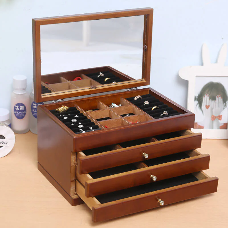 Portagioie con Specchio 30x20x17,5 cm 4 Scomparti in Legno Fumer Diamond Noce