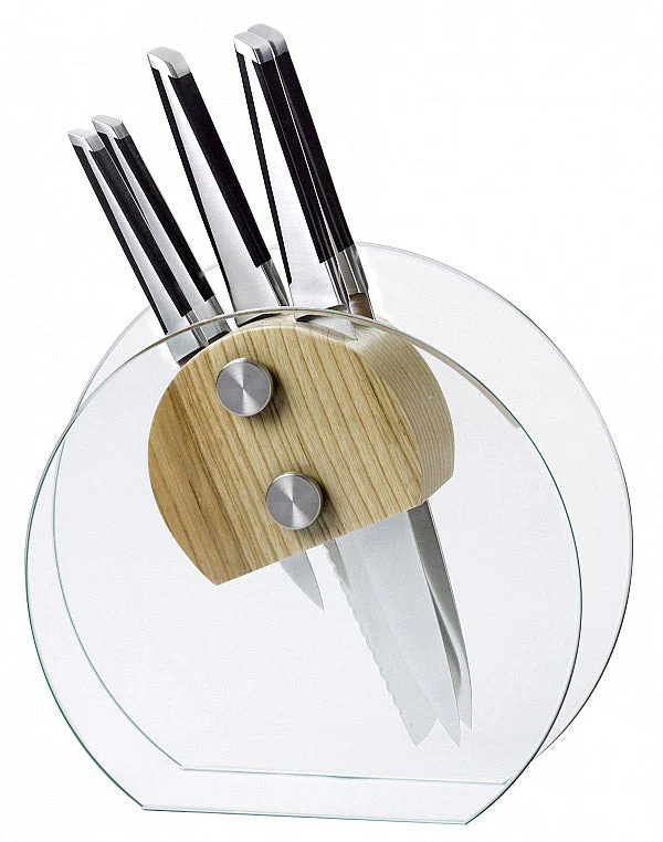 Ceppo in Vetro Temprato e Legno con 5 Coltelli Marte Alexander Crystal Rubino