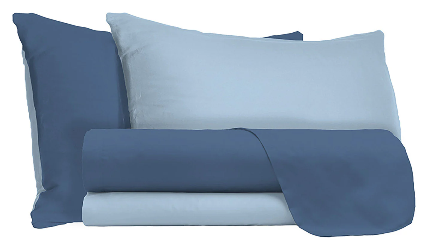 Set Lenzuola Sopra Sotto e Federe Doubleface Avio /Azzurro Varie Misure