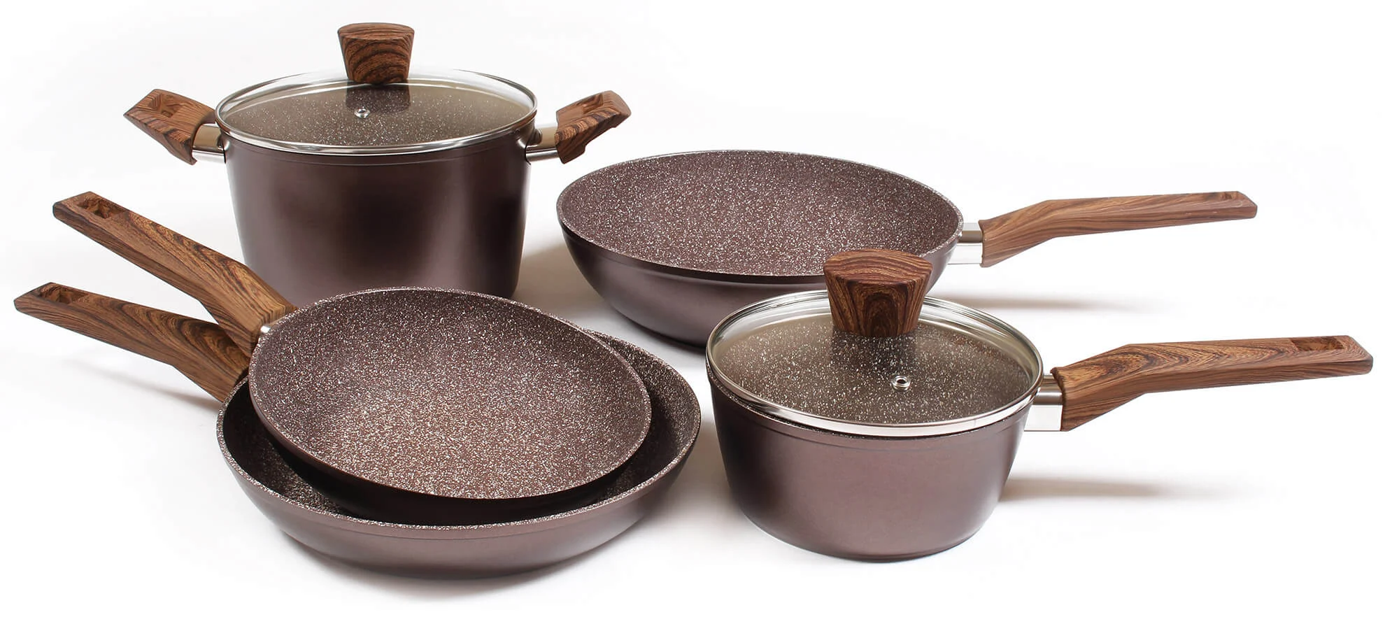 Batteria di Pentole 7 Pezzi in Alluminio Forgiato Antiaderente Induzione Collection Cora Marrone